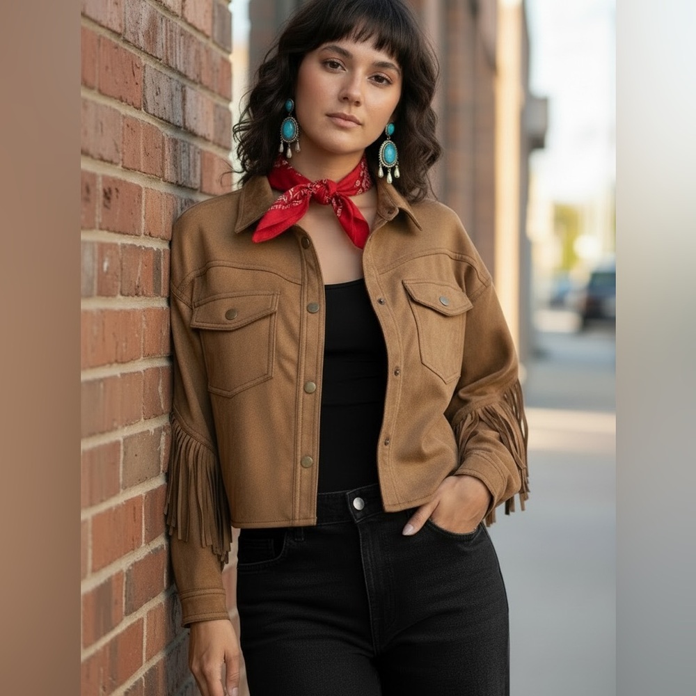 Kori Faux Suede Tawny Brown Fringe Tassel Snap Button Western Shirt Crop Jacket